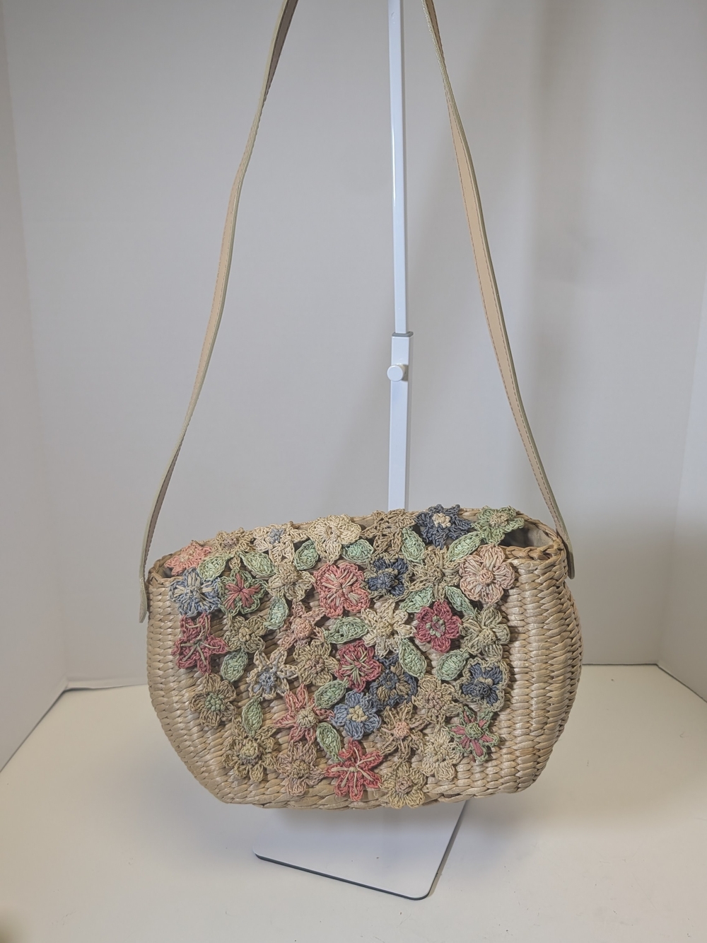 Cappelli Straworld Beige Straw Shoulder Bag with Multicolor Crochet Flowers